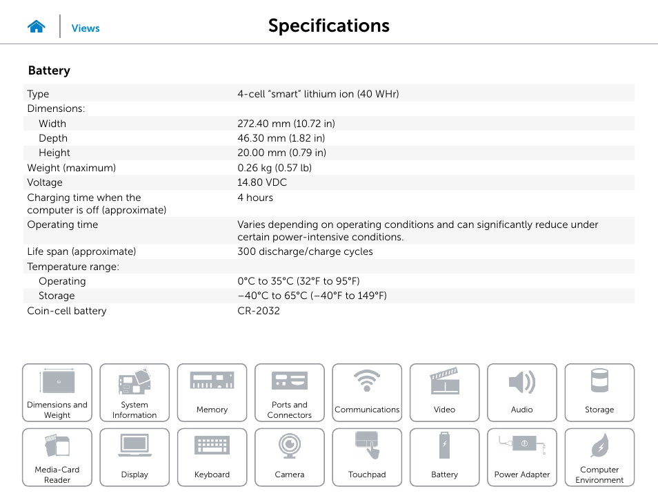 Battery, Specifications | Dell Inspiron 14 (3442, Early 2014) User Manual | Page 20 / 22