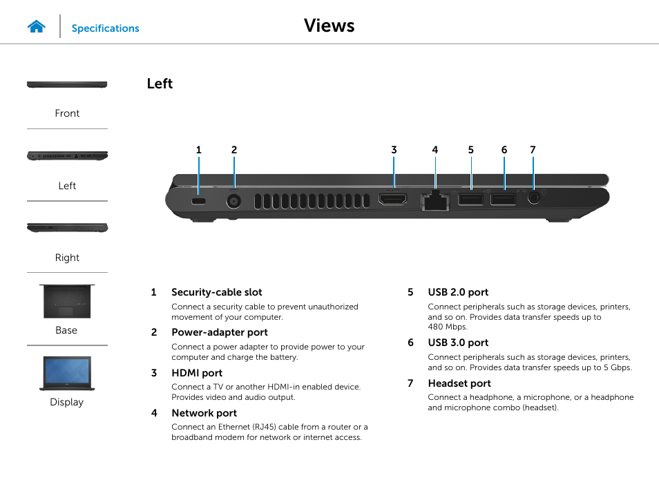 Left, Views | Dell Inspiron 14 (3442, Early 2014) User Manual | Page 3 / 22