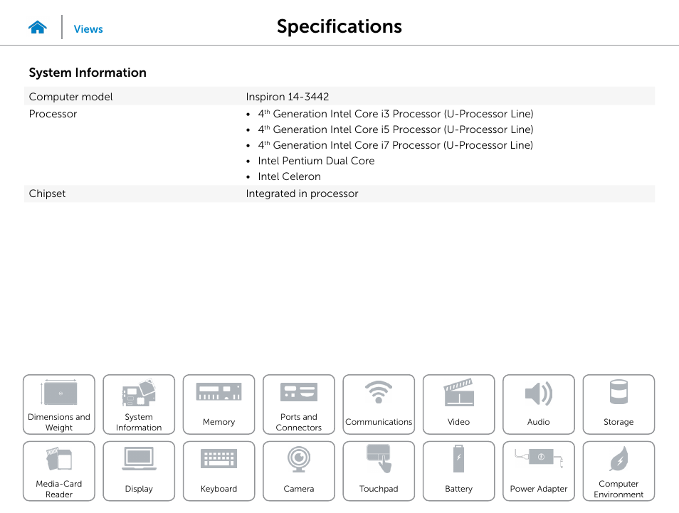 System, Information, Specifications | System information | Dell Inspiron 14 (3442, Early 2014) User Manual | Page 8 / 22