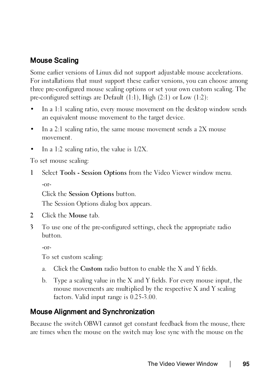 Mouse scaling, Mouse alignment and synchronization | Dell KVM 2162DS User Manual | Page 105 / 188