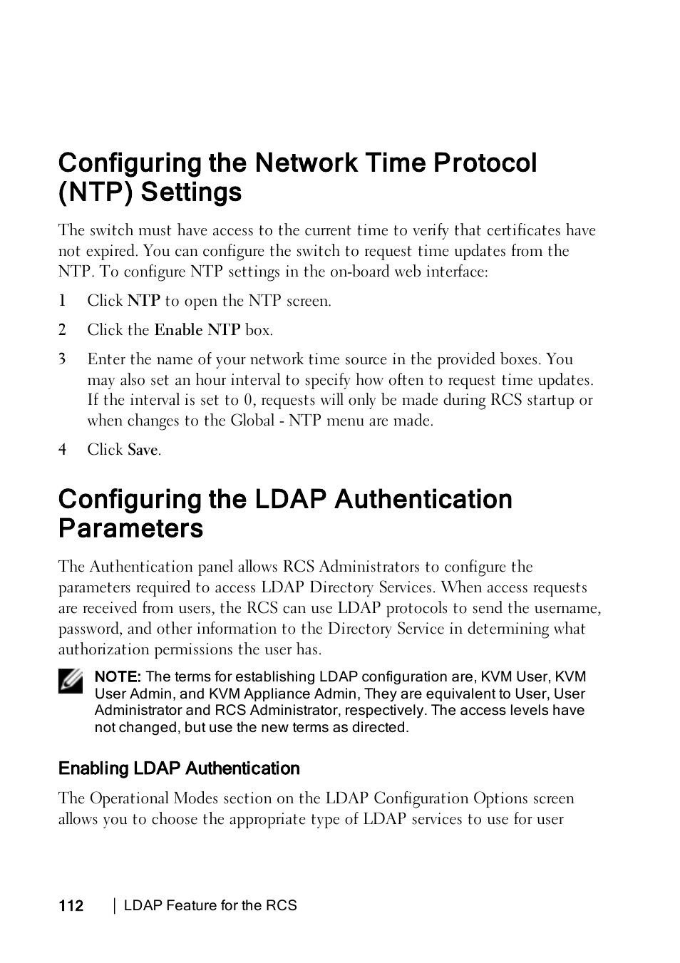 Configuring the ldap authentication parameters, Enabling ldap authentication | Dell KVM 2162DS User Manual | Page 122 / 188