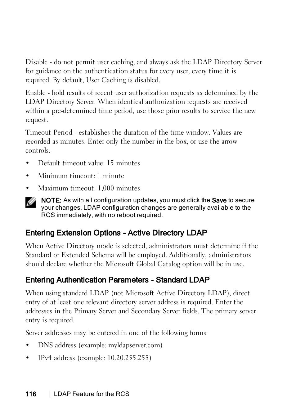 Entering extension options - active directory ldap, Entering authentication parameters - standard ldap | Dell KVM 2162DS User Manual | Page 126 / 188