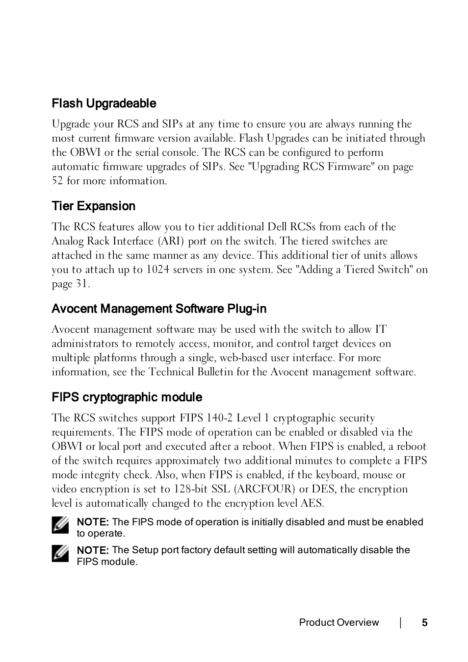 Flash upgradeable, Tier expansion, Avocent management software plug-in | Fips cryptographic module | Dell KVM 2162DS User Manual | Page 15 / 188