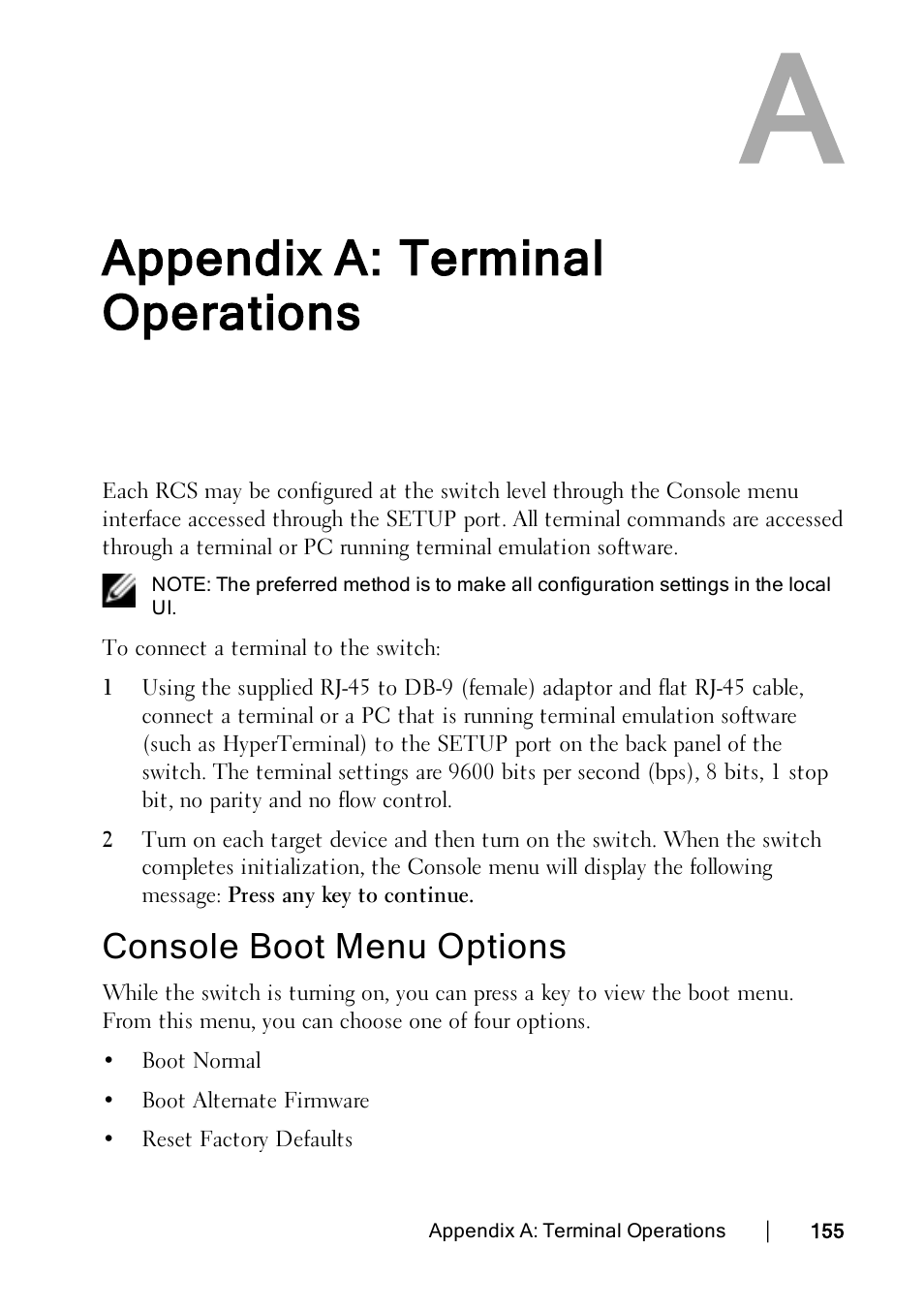 Appendix a: terminal operations, Console boot menu options | Dell KVM 2162DS User Manual | Page 165 / 188