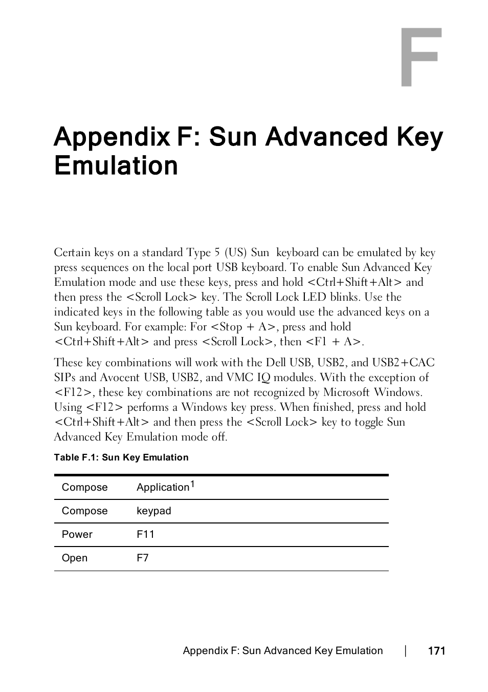 Appendix f: sun advanced key emulation | Dell KVM 2162DS User Manual | Page 181 / 188