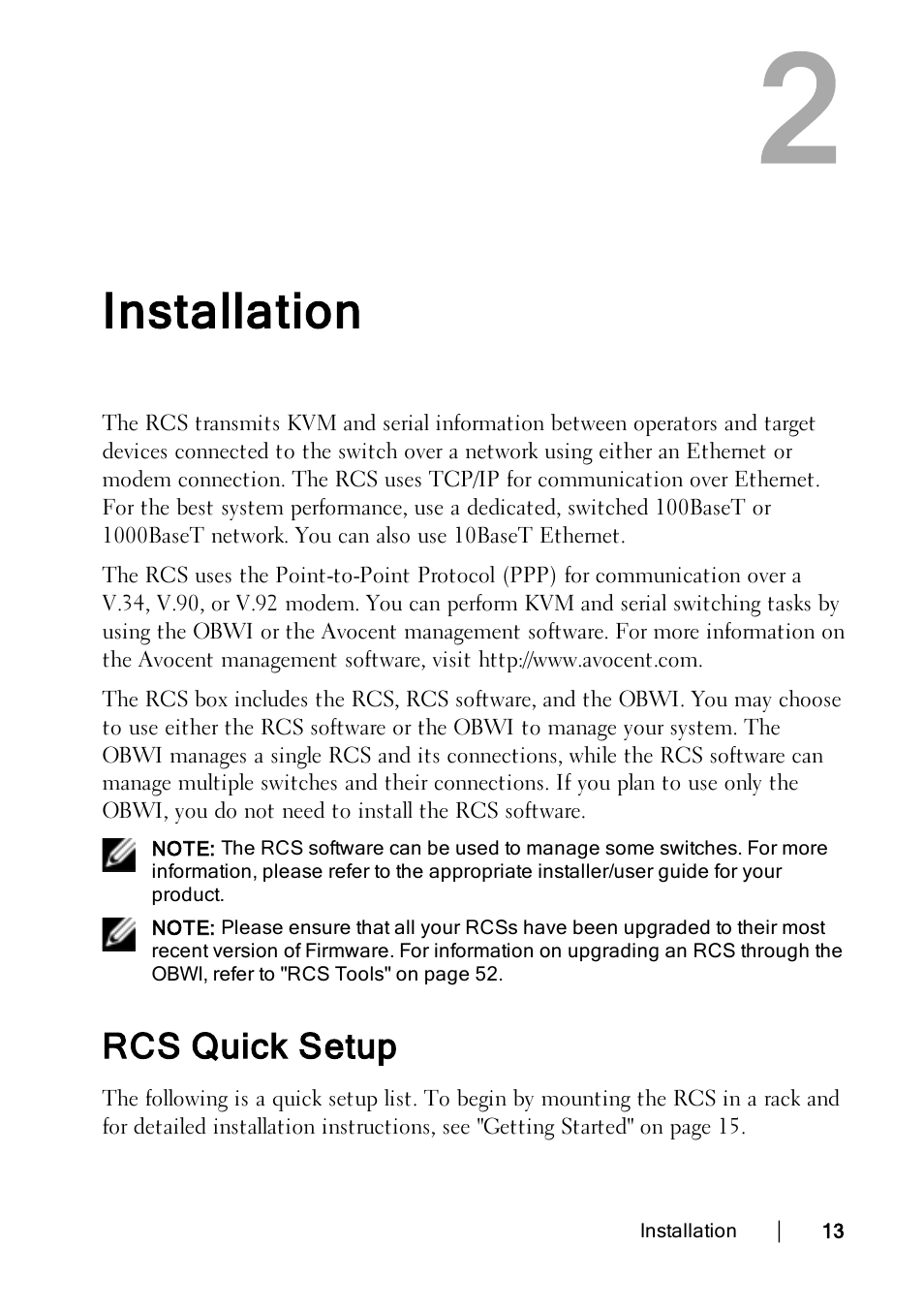 Installation, Rcs quick setup | Dell KVM 2162DS User Manual | Page 23 / 188