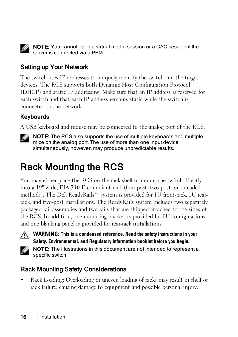 Setting up your network, Rack mounting the rcs, Rack mounting safety considerations | Dell KVM 2162DS User Manual | Page 26 / 188