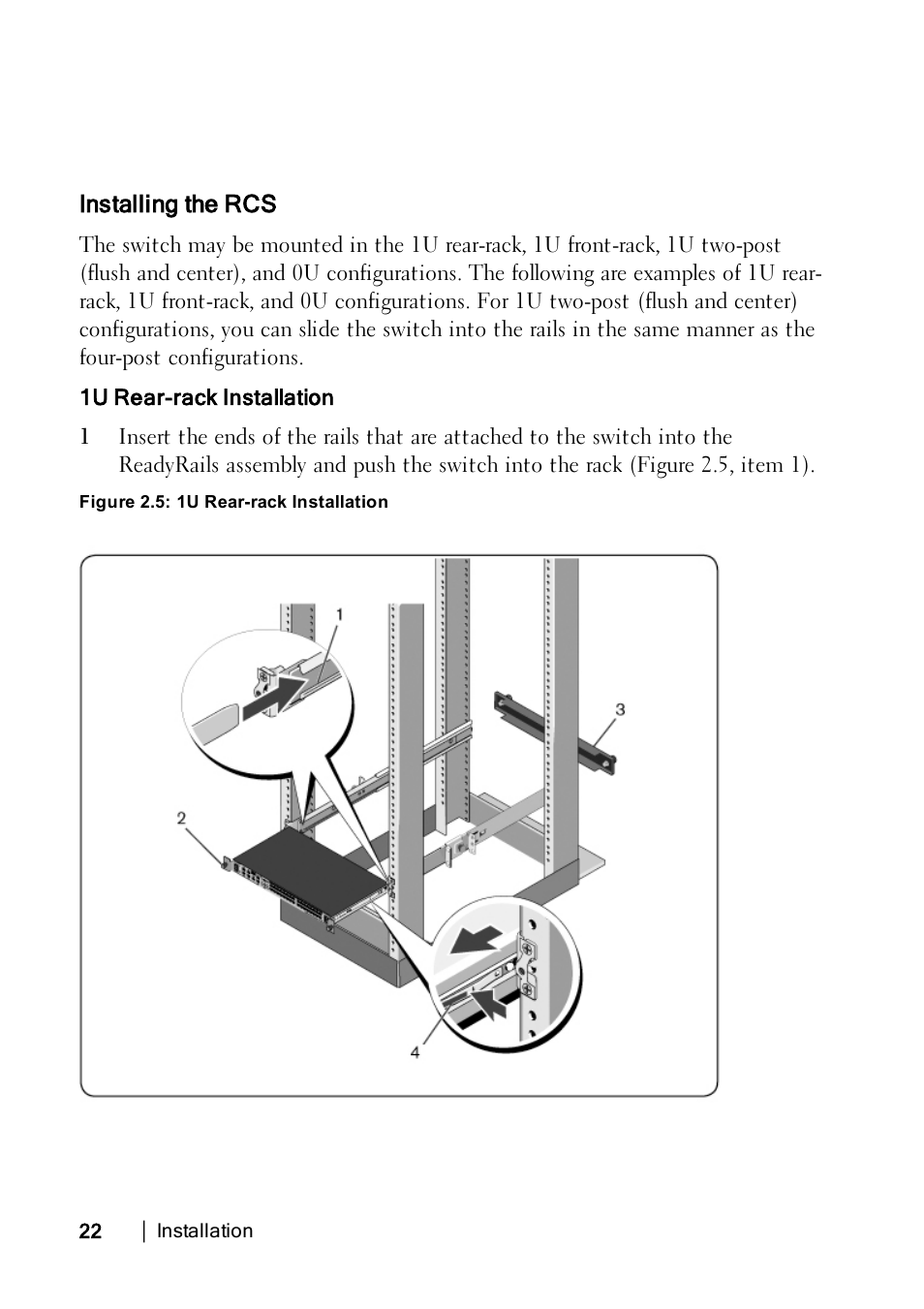 Installing the rcs, 1urearrackconfiguration | Dell KVM 2162DS User Manual | Page 32 / 188