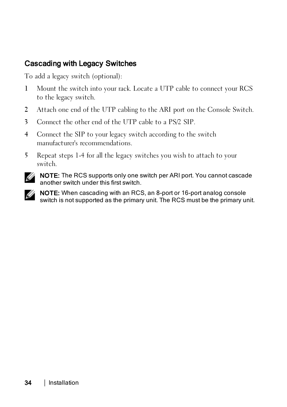 Cascading with legacy switches | Dell KVM 2162DS User Manual | Page 44 / 188