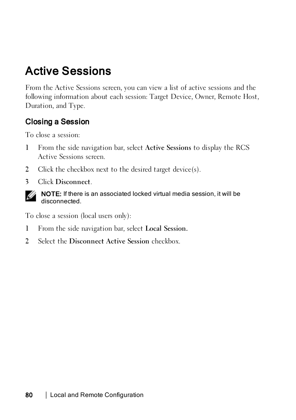 Active sessions, Closing a session | Dell KVM 2162DS User Manual | Page 90 / 188