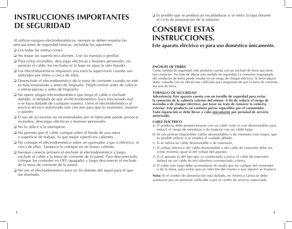 Instrucciones importantes de seguridad, Conserve estas instrucciones | Black & Decker JKC651KT User Manual | Page 2 / 9