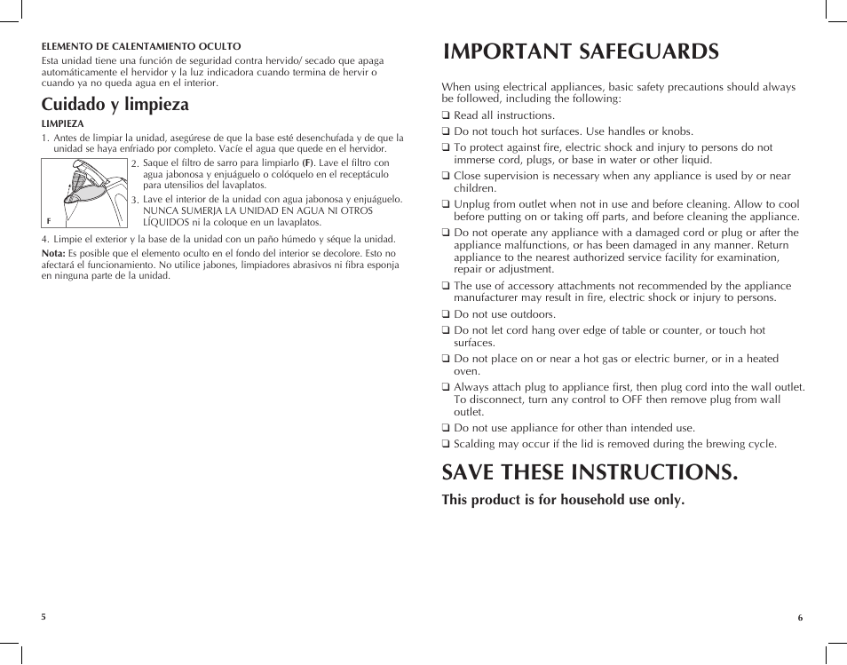 Important safeguards, Save these instructions, Cuidado y limpieza | This product is for household use only | Black & Decker JKC651KT User Manual | Page 4 / 9