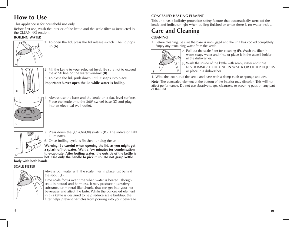 How to use, Care and cleaning | Black & Decker JKC651KT User Manual | Page 6 / 9