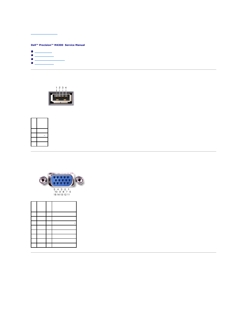 Pin assignments for i/o connectors, Usb connector, Video connector | S-video tv-out connector | Dell Precision M4300 (Mid 2007) User Manual | Page 38 / 42