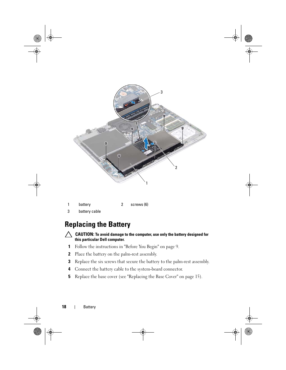Replacing the battery, 2 place the battery on the palm-rest assembly | Dell XPS 15Z (L511Z, Mid 2011) User Manual | Page 18 / 96