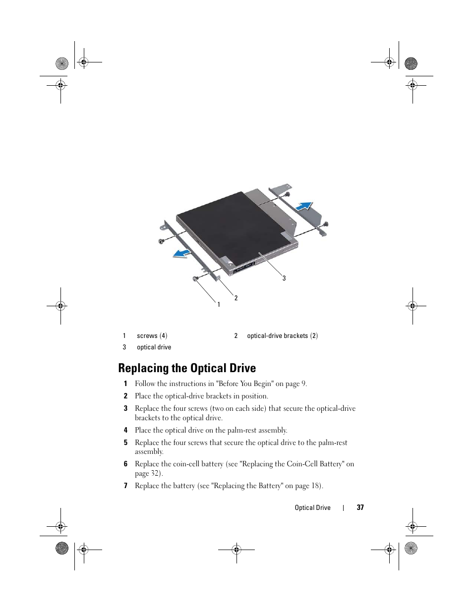 Replacing the optical drive, 2 place the optical-drive brackets in position | Dell XPS 15Z (L511Z, Mid 2011) User Manual | Page 37 / 96