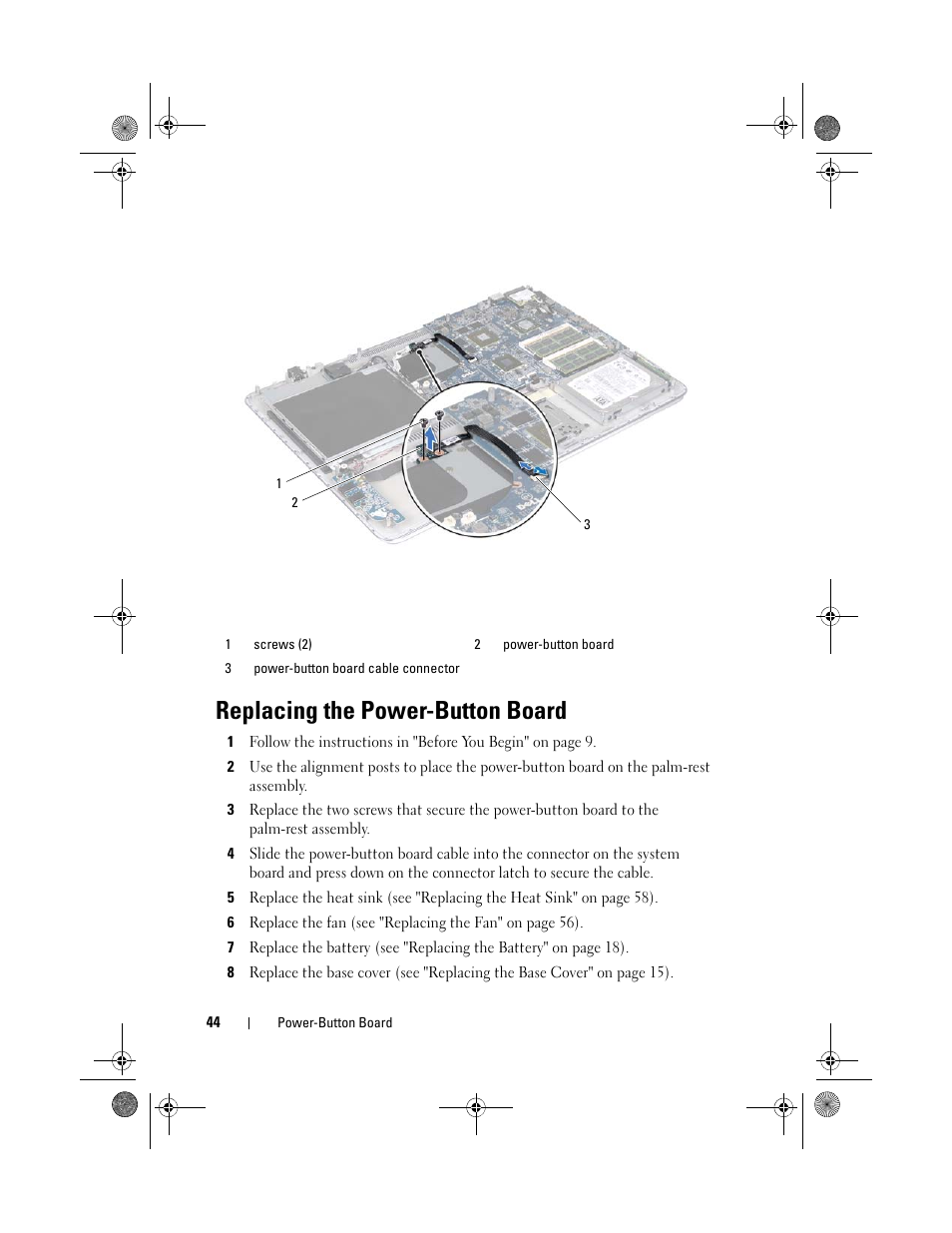 Replacing the power-button board | Dell XPS 15Z (L511Z, Mid 2011) User Manual | Page 44 / 96