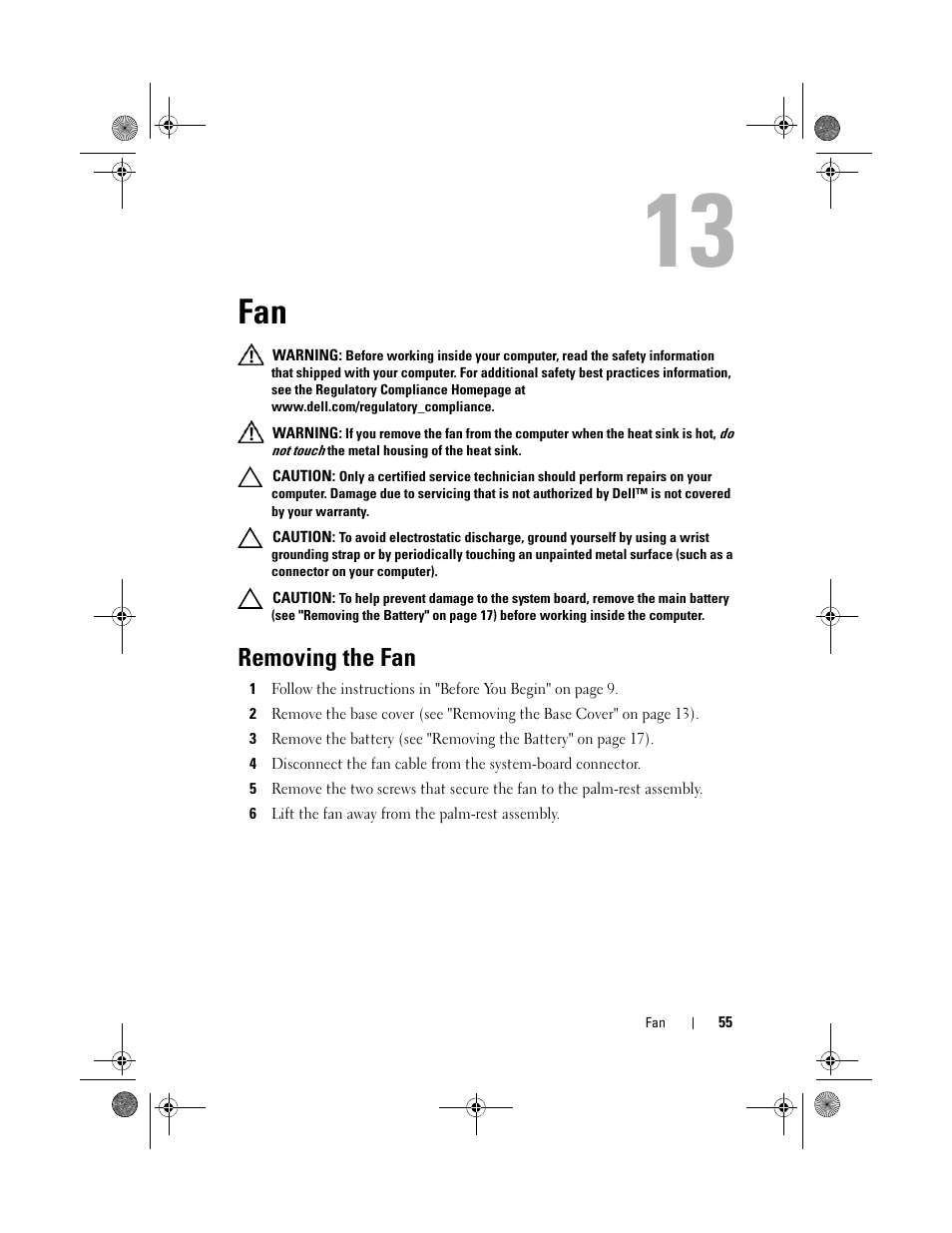 Removing the fan, 6 lift the fan away from the palm-rest assembly | Dell XPS 15Z (L511Z, Mid 2011) User Manual | Page 55 / 96