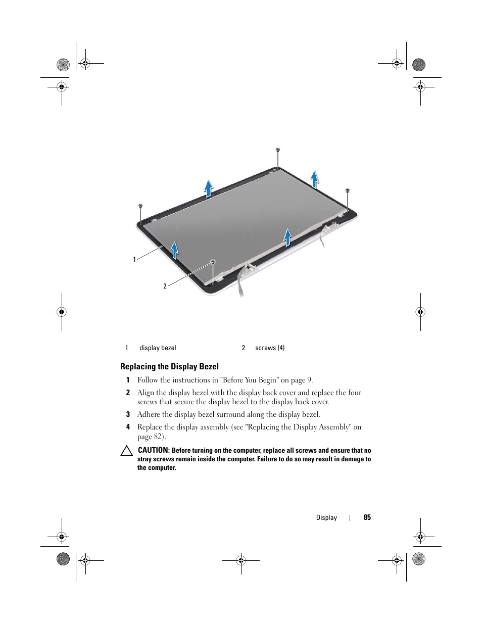 Replacing the display bezel | Dell XPS 15Z (L511Z, Mid 2011) User Manual | Page 85 / 96