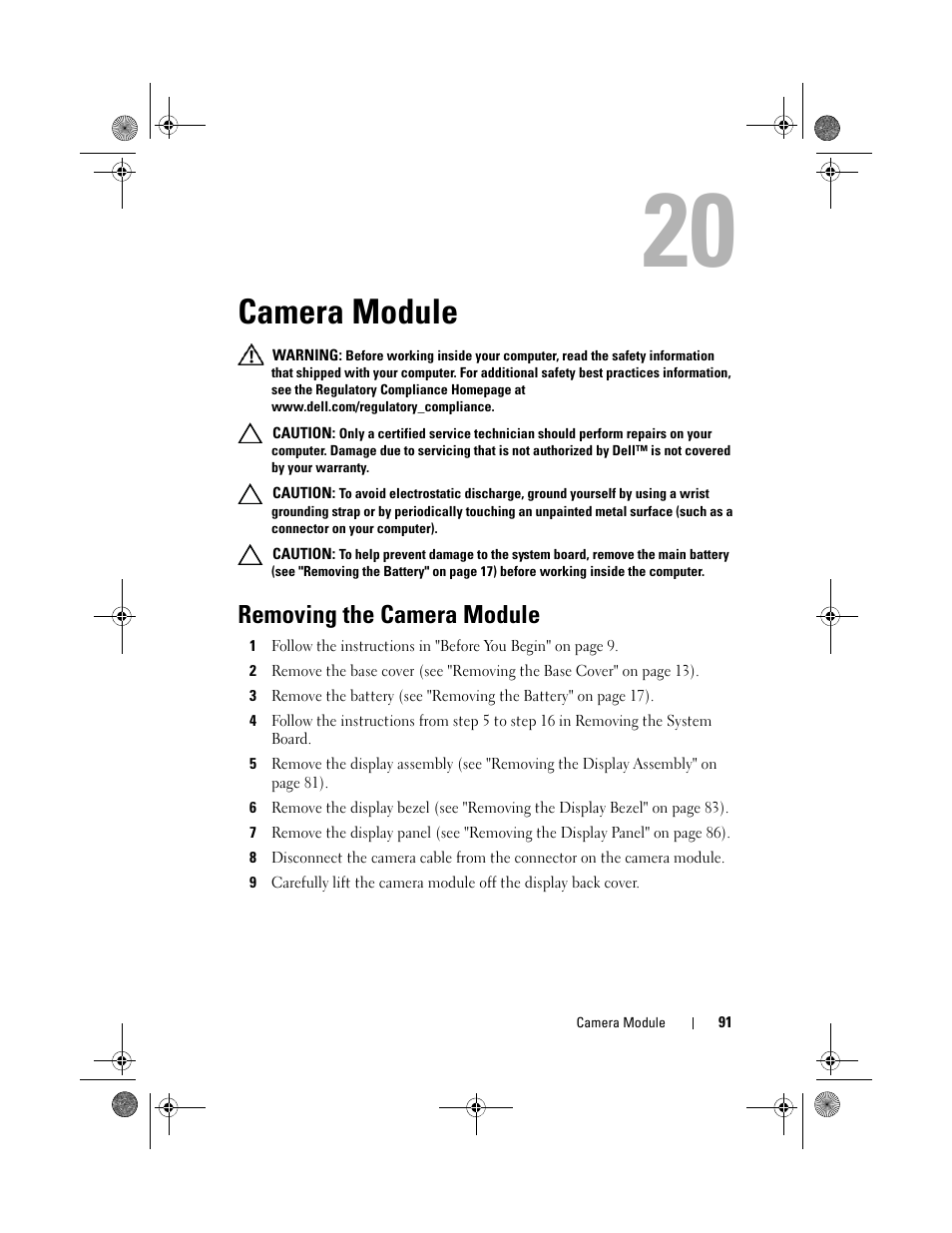 Camera module, Removing the camera module | Dell XPS 15Z (L511Z, Mid 2011) User Manual | Page 91 / 96