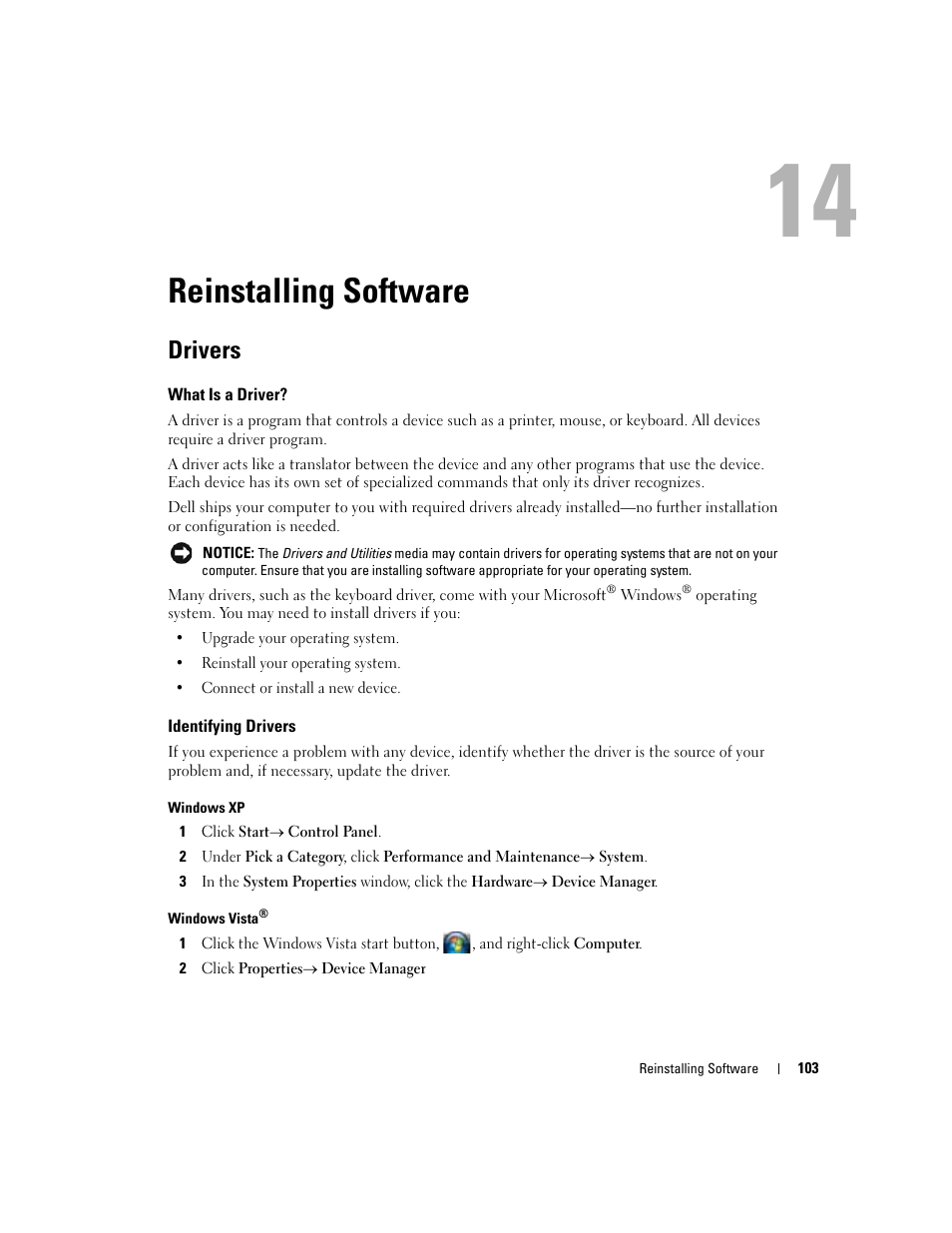 Reinstalling software, Drivers, What is a driver | Identifying drivers, 14 reinstalling software | Dell Latitude D531 (Mid 2007) User Manual | Page 103 / 162