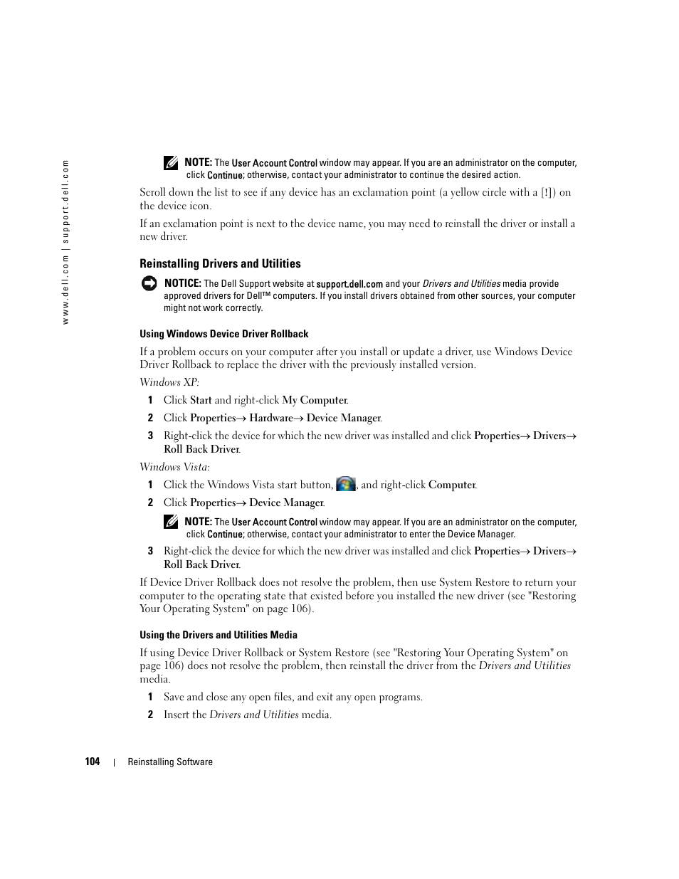 Reinstalling drivers and utilities | Dell Latitude D531 (Mid 2007) User Manual | Page 104 / 162