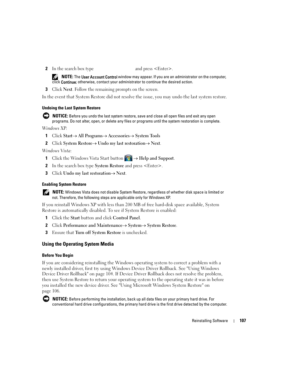 Using the operating system media | Dell Latitude D531 (Mid 2007) User Manual | Page 107 / 162