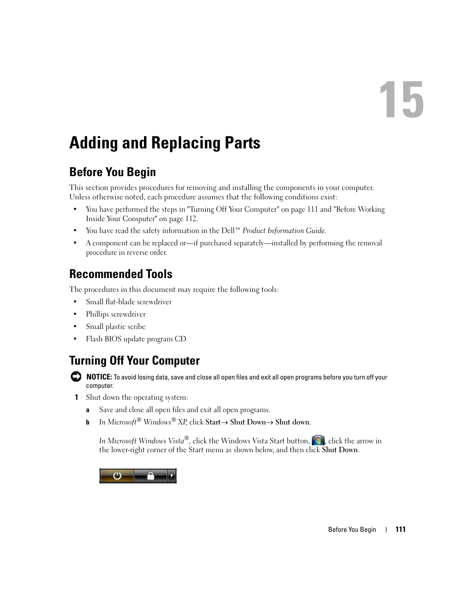 Adding and replacing parts, Before you begin, Recommended tools | Turning off your computer, 15 adding and replacing parts | Dell Latitude D531 (Mid 2007) User Manual | Page 111 / 162