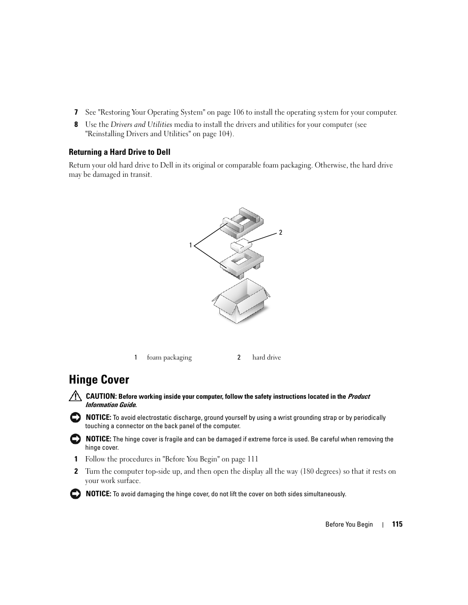 Returning a hard drive to dell, Hinge cover | Dell Latitude D531 (Mid 2007) User Manual | Page 115 / 162