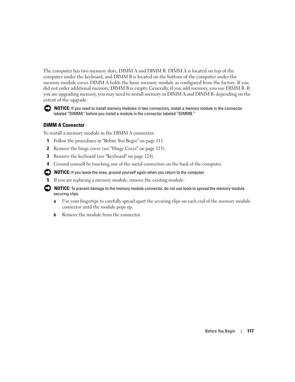 Dimm a connector | Dell Latitude D531 (Mid 2007) User Manual | Page 117 / 162
