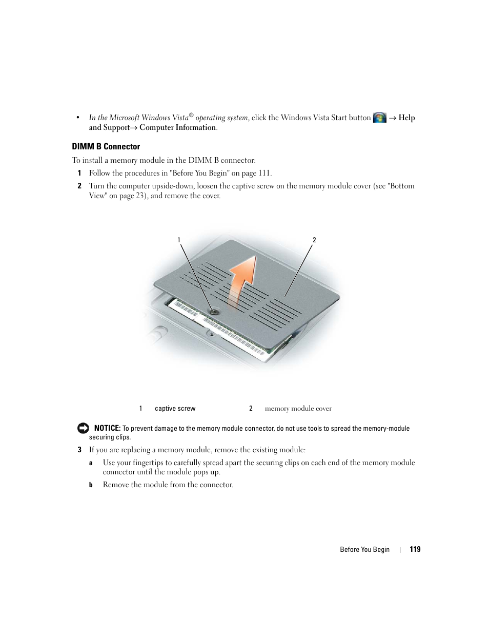 Dimm b connector | Dell Latitude D531 (Mid 2007) User Manual | Page 119 / 162