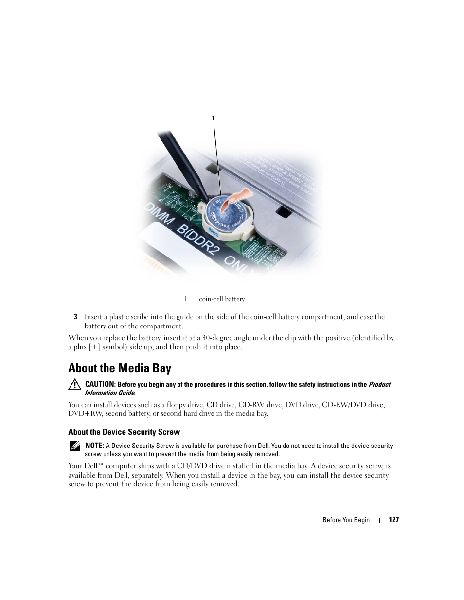 About the media bay, About the device security screw | Dell Latitude D531 (Mid 2007) User Manual | Page 127 / 162
