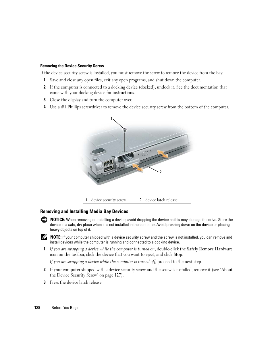 Removing and installing media bay devices, E "removing | Dell Latitude D531 (Mid 2007) User Manual | Page 128 / 162