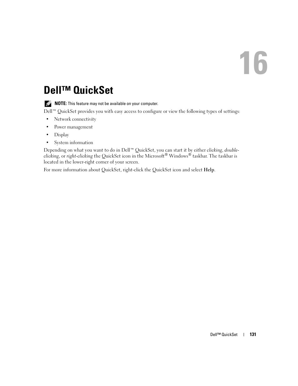 Dell™ quickset, 16 dell™ quickset, E "dell | See "dell™ quickset" on | Dell Latitude D531 (Mid 2007) User Manual | Page 131 / 162