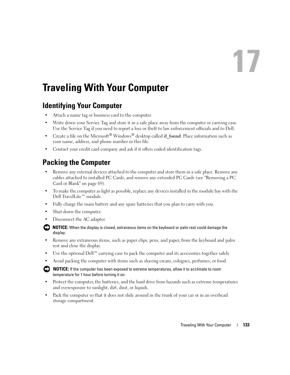 Traveling with your computer, Identifying your computer, Packing the computer | 17 traveling with your computer | Dell Latitude D531 (Mid 2007) User Manual | Page 133 / 162