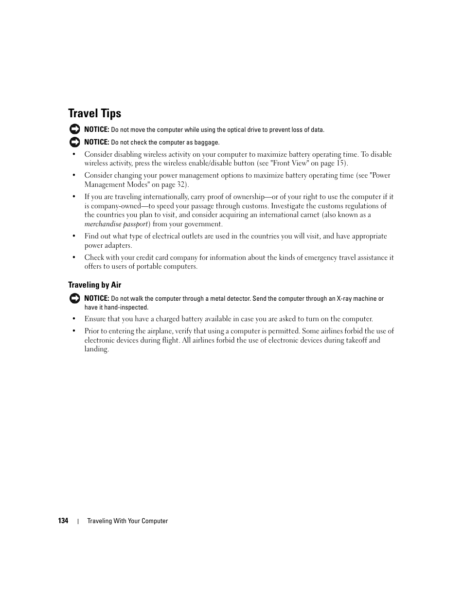 Travel tips, Traveling by air | Dell Latitude D531 (Mid 2007) User Manual | Page 134 / 162