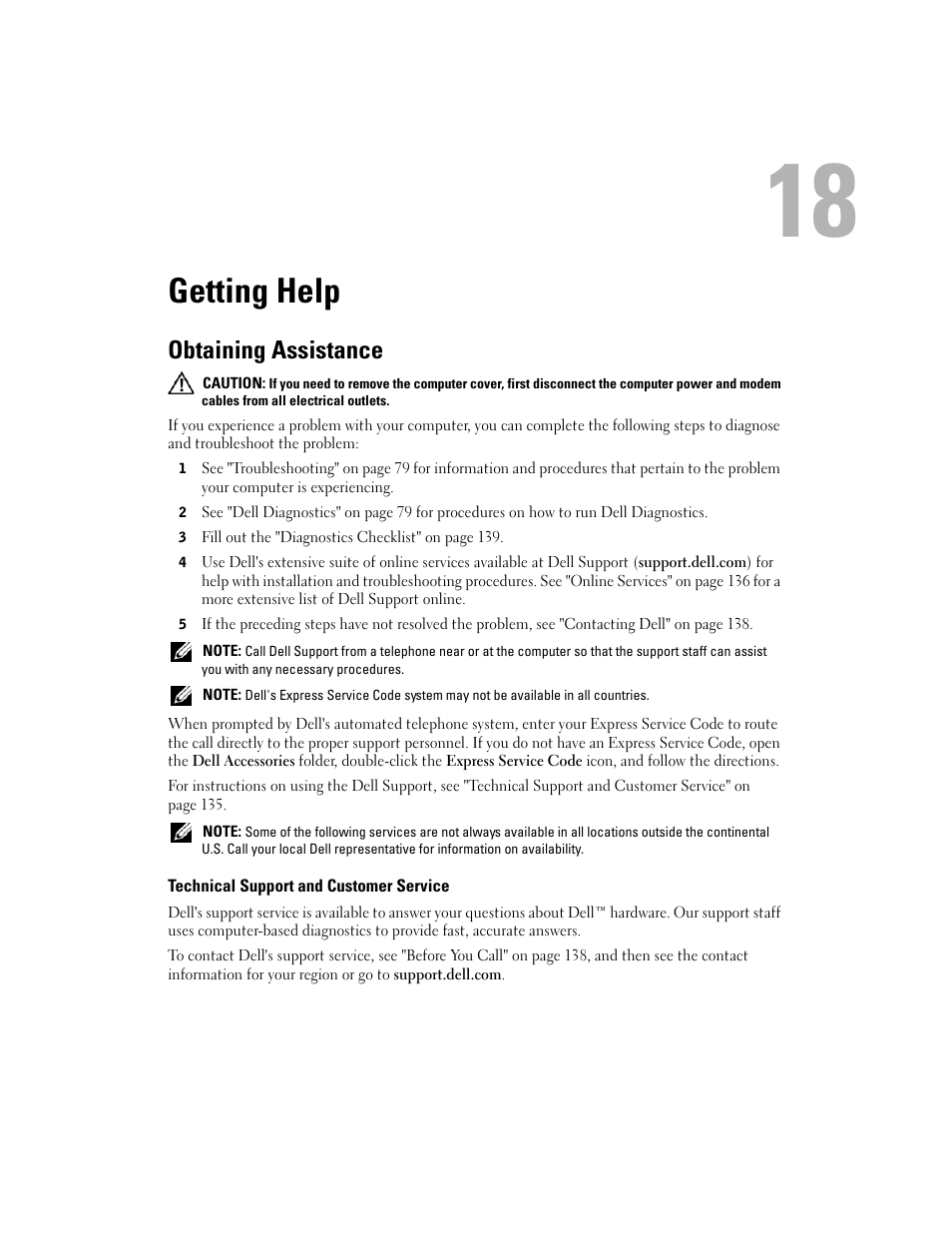 Getting help, Obtaining assistance, Technical support and customer service | 18 getting help | Dell Latitude D531 (Mid 2007) User Manual | Page 135 / 162