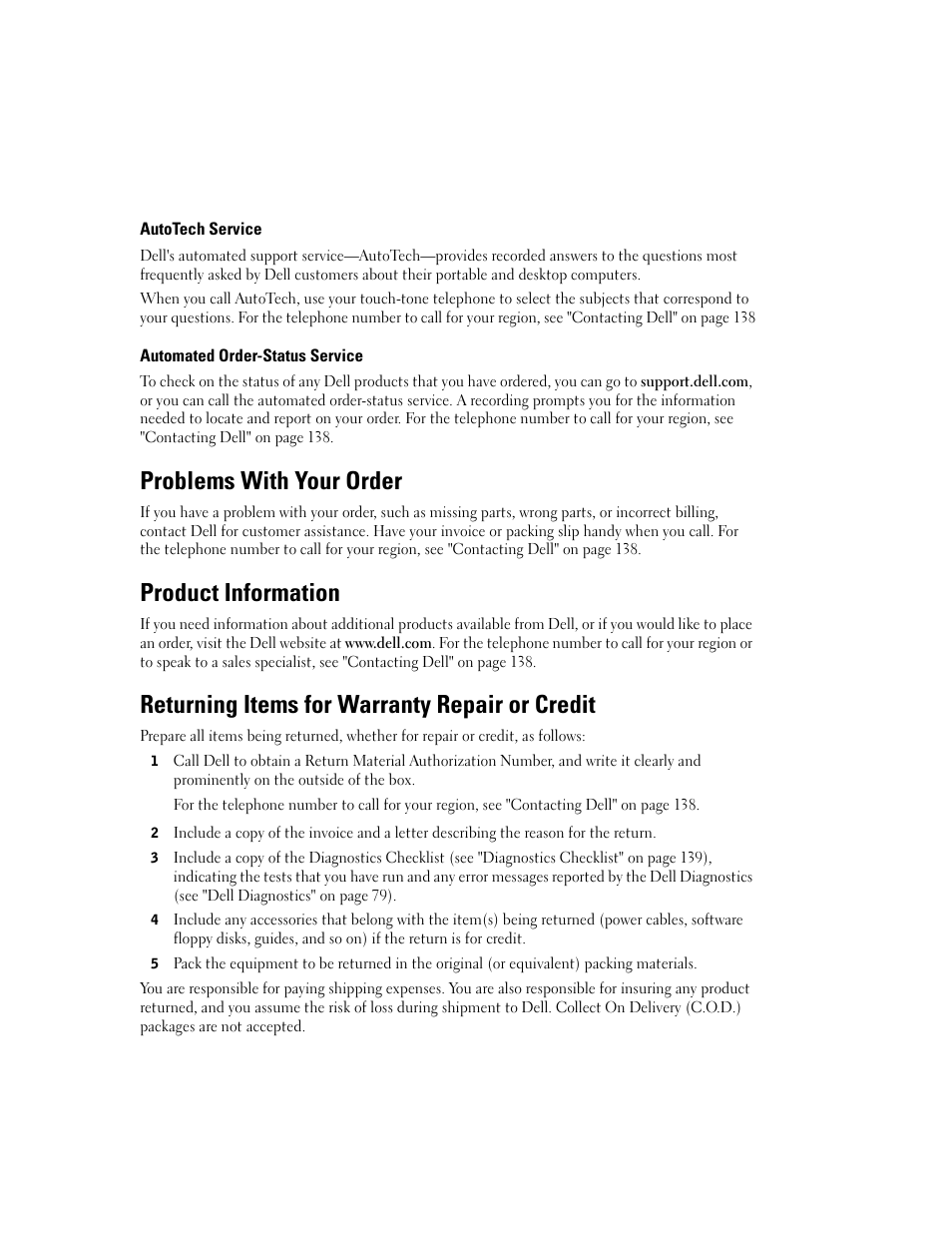 Autotech service, Automated order-status service, Problems with your order | Product information, Returning items for warranty repair or credit | Dell Latitude D531 (Mid 2007) User Manual | Page 137 / 162