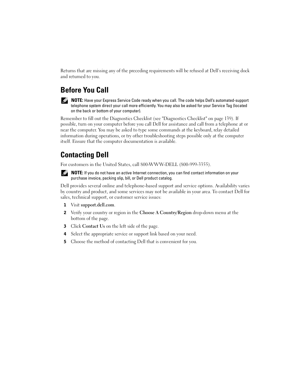 Before you call, Contacting dell, Contacting | Contact dell (see "contacting dell, Contacting dell" on | Dell Latitude D531 (Mid 2007) User Manual | Page 138 / 162