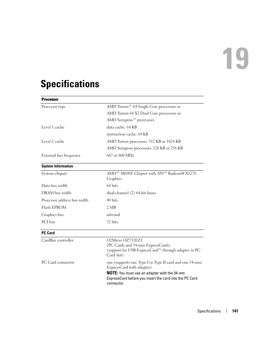 Specifications, 19 specifications | Dell Latitude D531 (Mid 2007) User Manual | Page 141 / 162