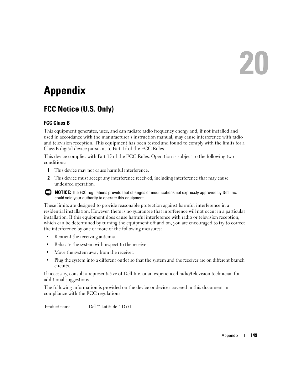 Appendix, Fcc notice (u.s. only), Fcc class b | 20 appendix | Dell Latitude D531 (Mid 2007) User Manual | Page 149 / 162