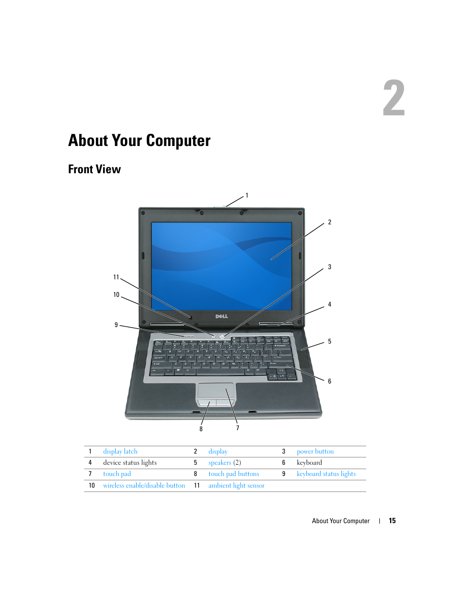 About your computer, Front view, 2 about your computer | Dell Latitude D531 (Mid 2007) User Manual | Page 15 / 162
