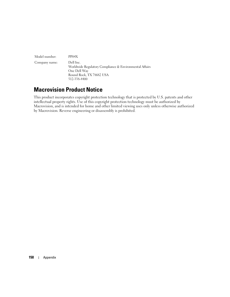 Macrovision product notice | Dell Latitude D531 (Mid 2007) User Manual | Page 150 / 162