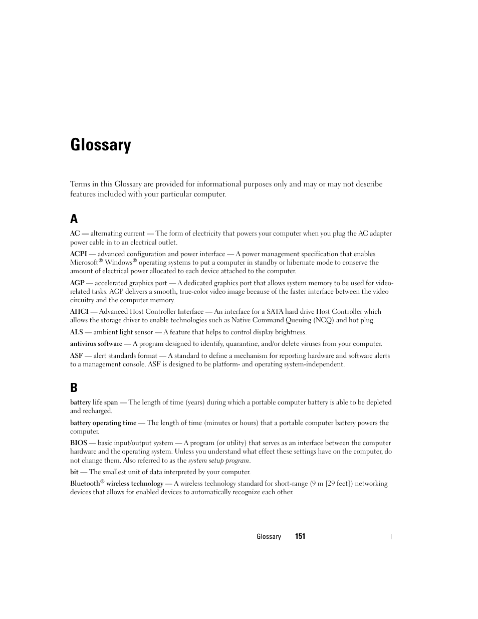 Glossary | Dell Latitude D531 (Mid 2007) User Manual | Page 151 / 162