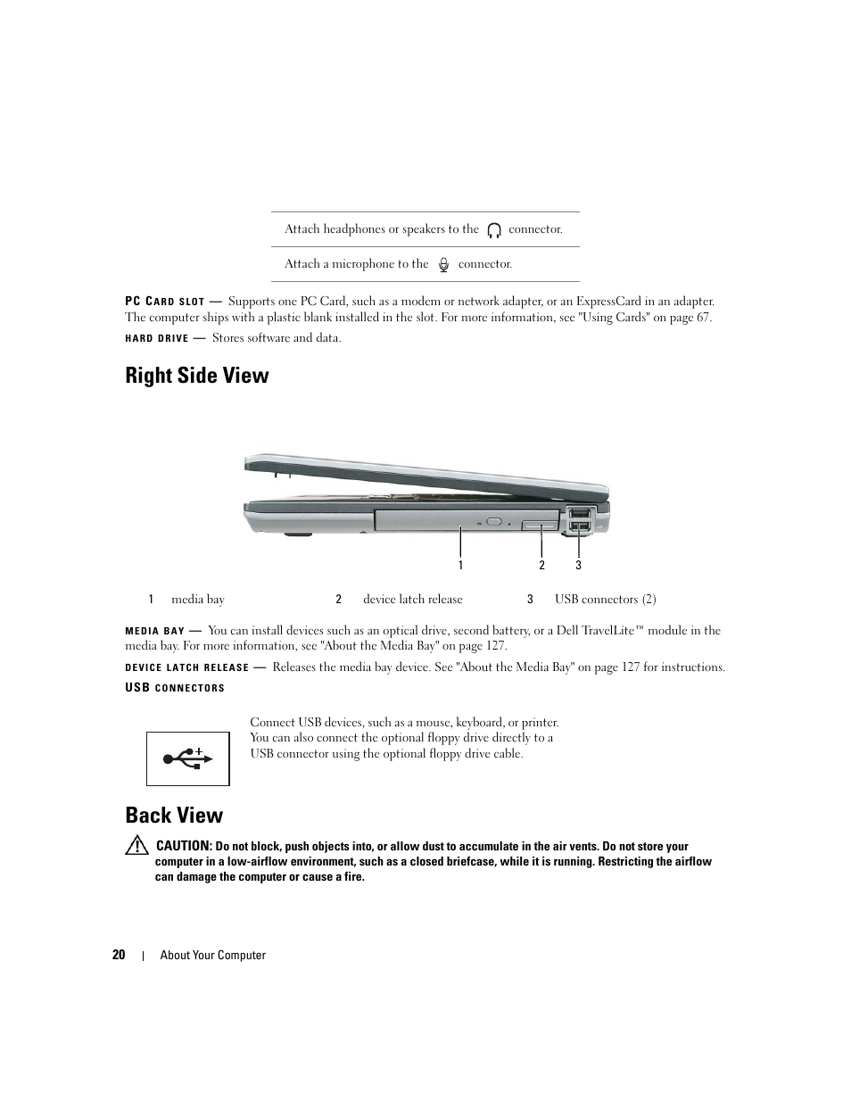 Right side view, Back view | Dell Latitude D531 (Mid 2007) User Manual | Page 20 / 162
