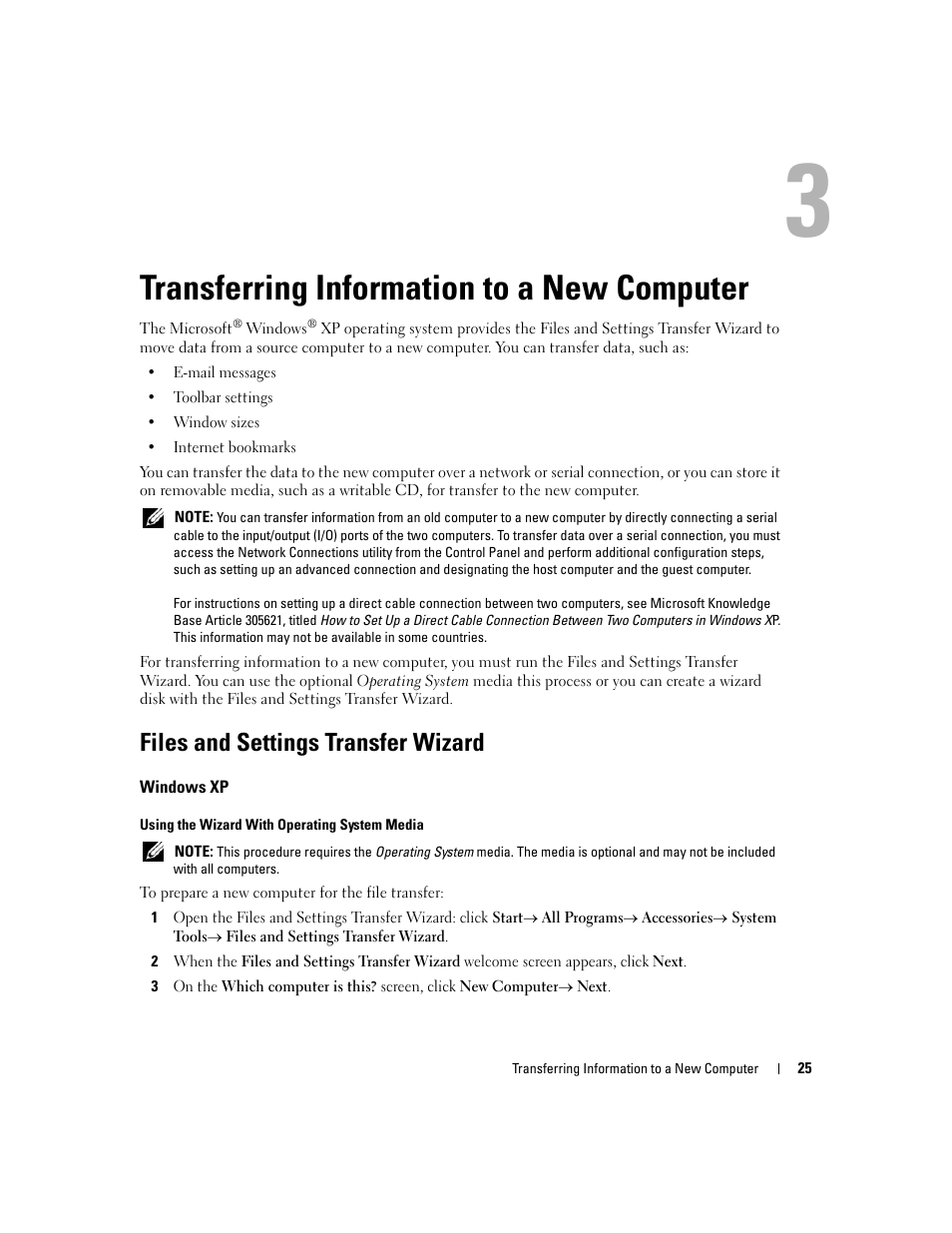 Transferring information to a new computer, Files and settings transfer wizard, 3 transferring information to a new computer | Dell Latitude D531 (Mid 2007) User Manual | Page 25 / 162