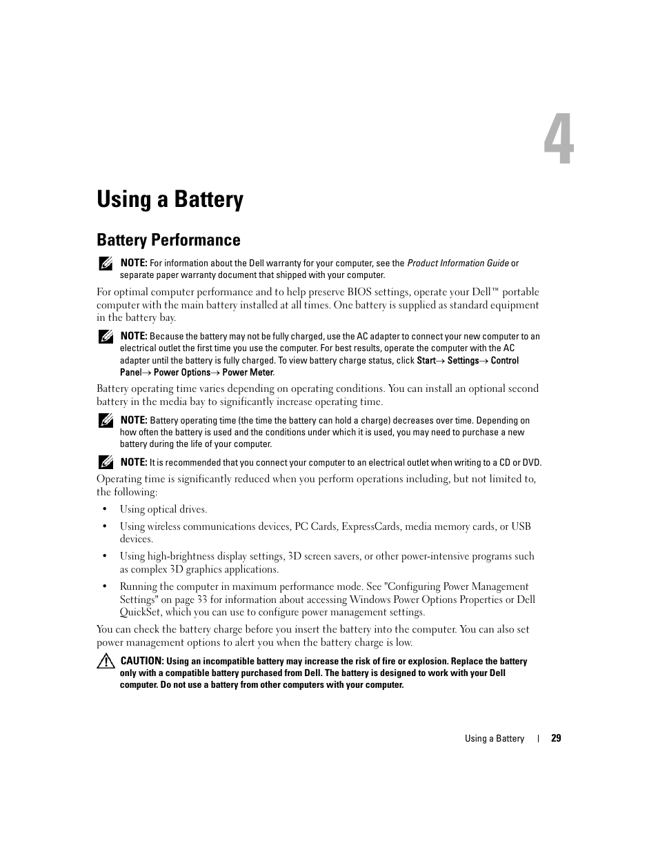 Using a battery, Battery performance, 4 using a battery | Information, see "using a | Dell Latitude D531 (Mid 2007) User Manual | Page 29 / 162