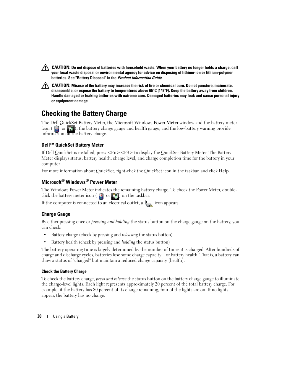 Checking the battery charge, Dell™ quickset battery meter, Microsoft® windows® power meter | Charge gauge, Microsoft | Dell Latitude D531 (Mid 2007) User Manual | Page 30 / 162