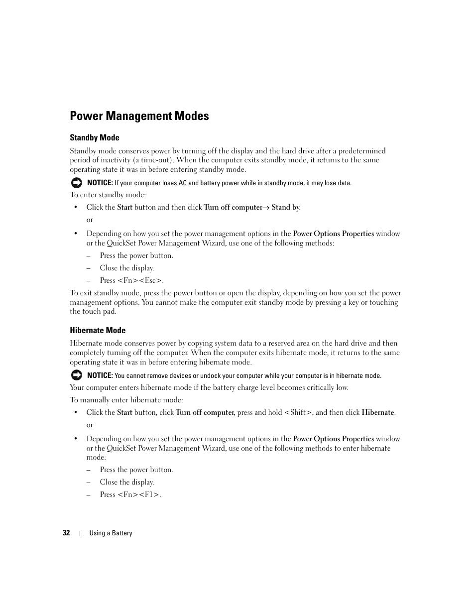 Power management modes, Standby mode, Hibernate mode | Dell Latitude D531 (Mid 2007) User Manual | Page 32 / 162