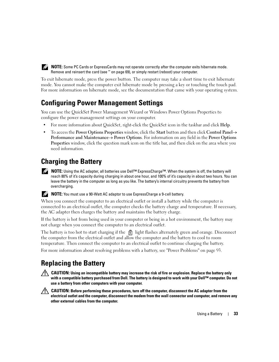 Configuring power management settings, Charging the battery, Replacing the battery | Dell Latitude D531 (Mid 2007) User Manual | Page 33 / 162